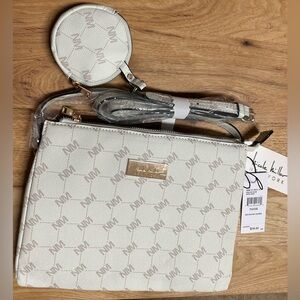 Nicole Miller Crème Gold Logo Hardware Shoulder Crossbody Bag Purse W Pouch NWT